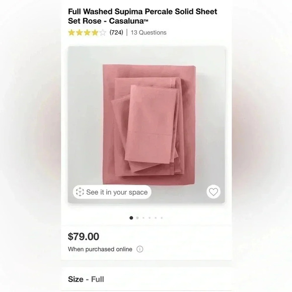 NWT Full Washed Supima Percale Solid Sheet
Set Rose - Casaluna - Picture 4 of 5